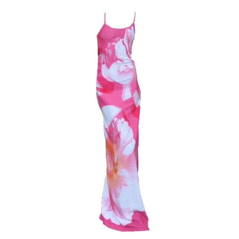 Flower print contrast backless slit square neck cami maxi dress