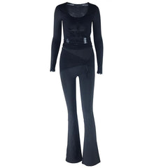 Long sleeve drawstring ruched patchwork jumpsuit