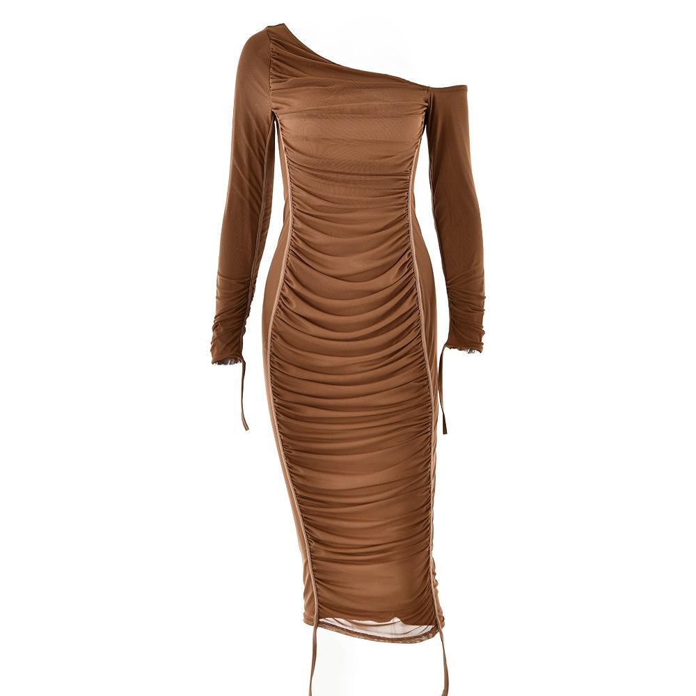 Long sleeve one shoulder ruched stitch mesh midi dress