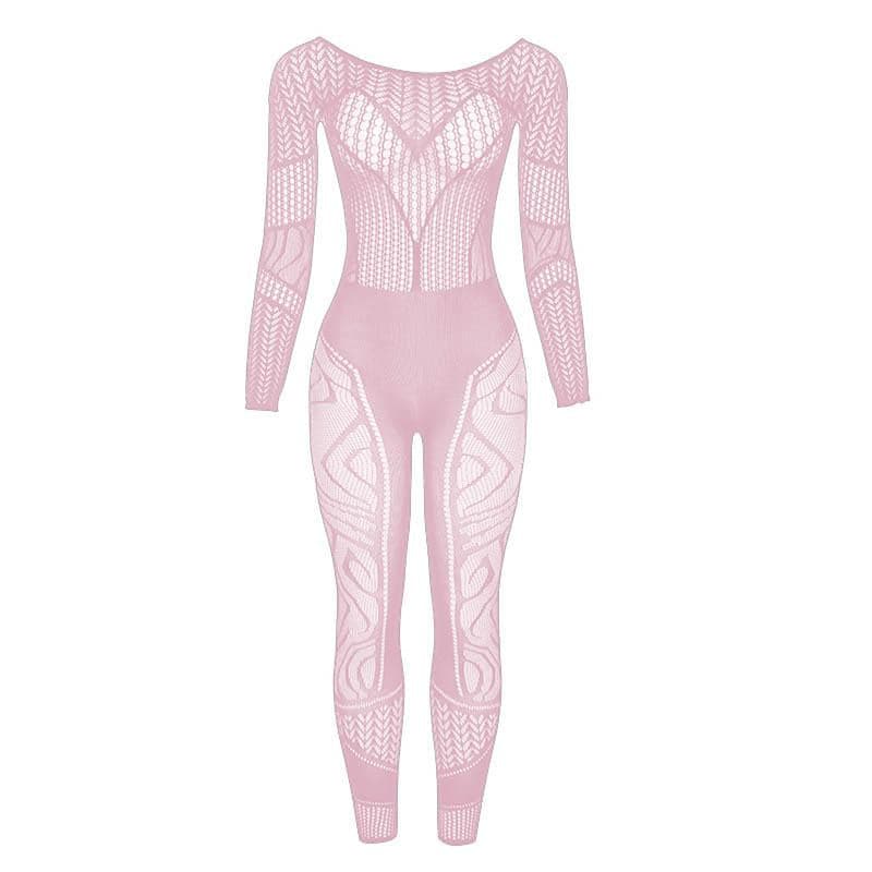 Long sleeve hollow out solid fishnet see through jumpsuit - Final Sale