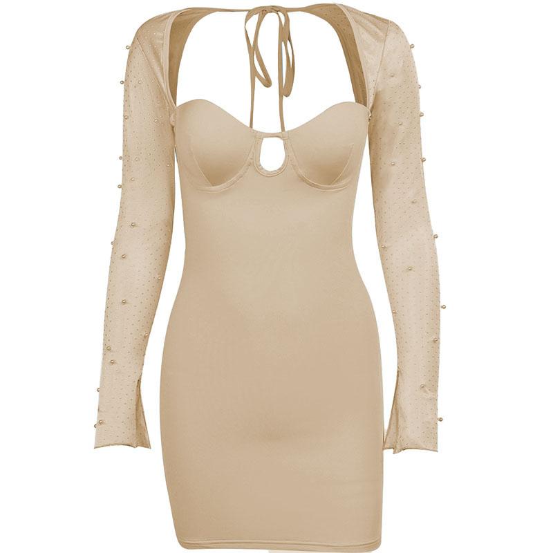 Long sleeve solid hollow out slit ruched beaded self tie backless cut out mini dress - Final Sale