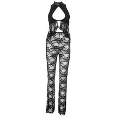 High neck lace hollow out ruffle see through pant set