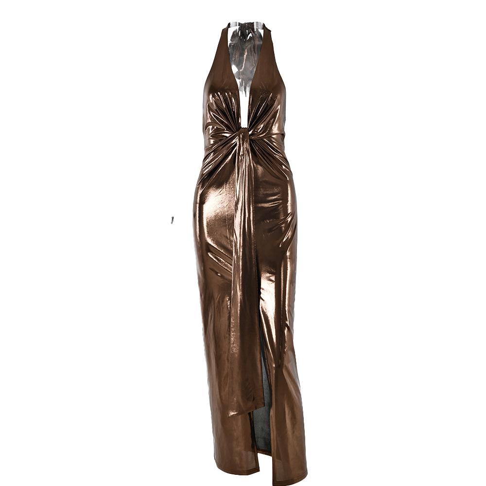 Halter metallic slit deep v neck backless midi dress