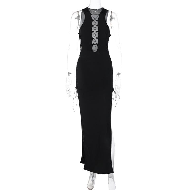 Hollow out sleeveless lace up slit solid cut out maxi dress