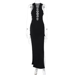 Hollow out sleeveless lace up slit solid cut out maxi dress