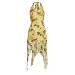 Halter butterfly print ruffle irregular midi dress