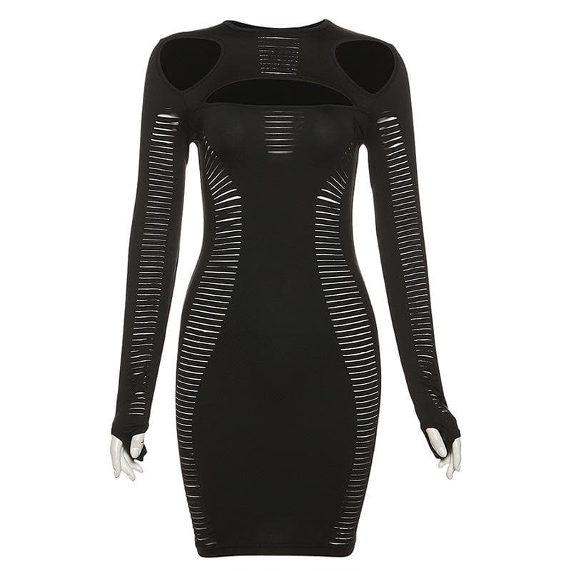 Hollow out long sleeve gloves solid crewneck cut out mini dress
