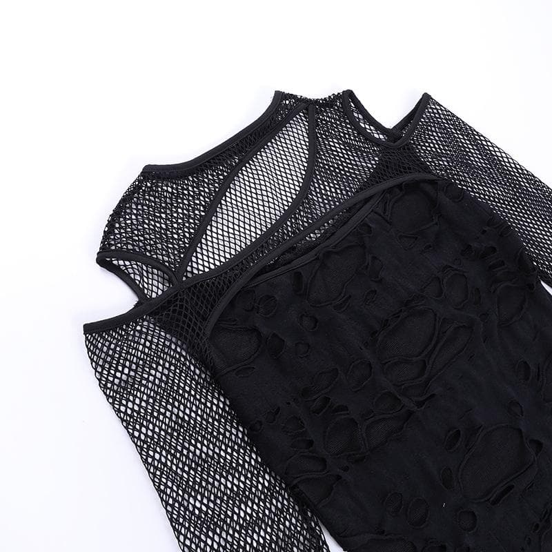 Long sleeve fishnet hollow out irregular see through cut out top