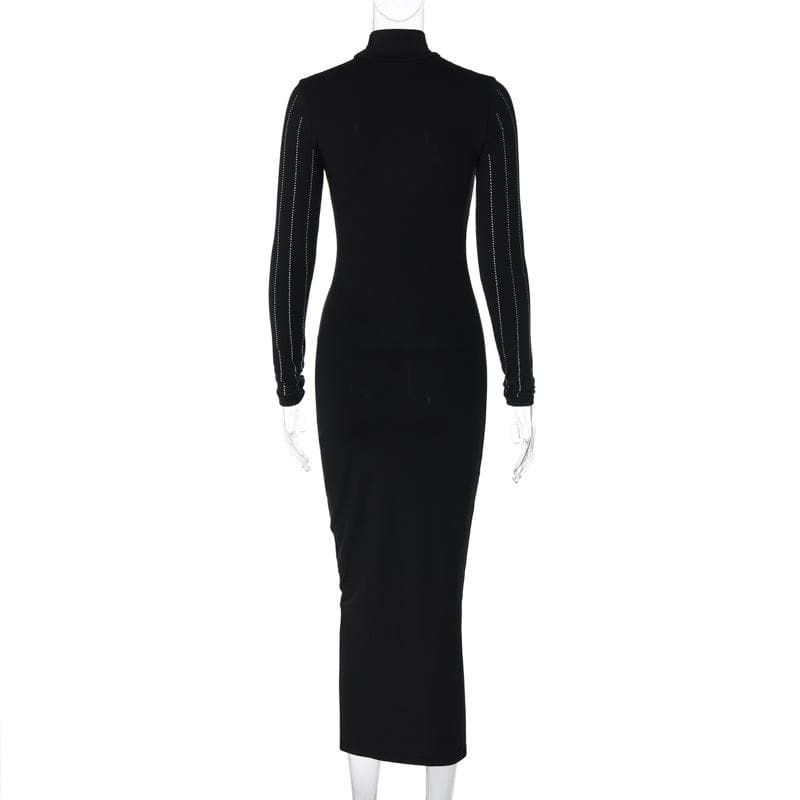 Long sleeve high neck beaded solid midi dress