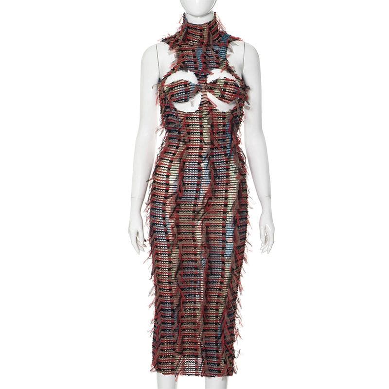 High neck hollow out mesh backless cut out midi dress