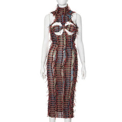 High neck hollow out mesh backless cut out midi dress