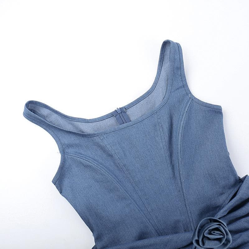 High slit bustier denim flower applique mini dress
