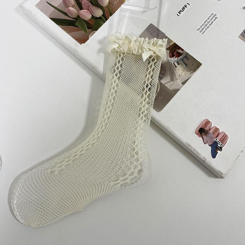 Bowknot lace hem side hollow out socks