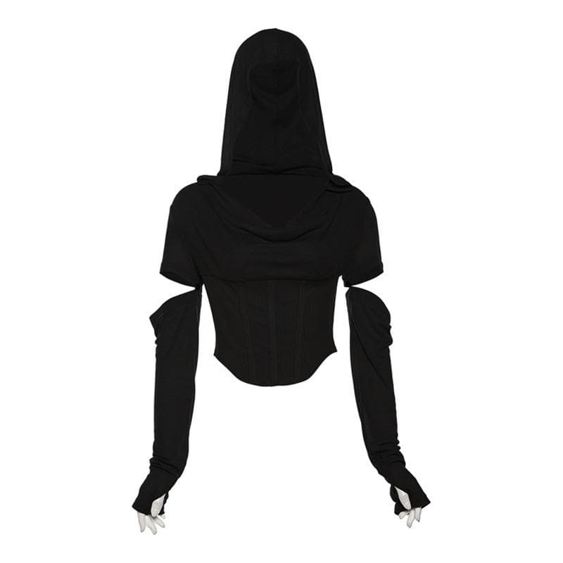 Hoodie cowl neck hollow out long sleeve corset crop cut out top