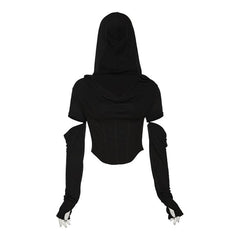 Hoodie cowl neck hollow out long sleeve corset crop cut out top