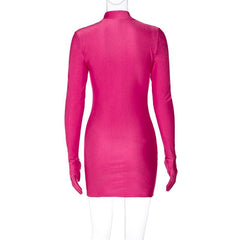 High neck long sleeve gloves solid mini dress