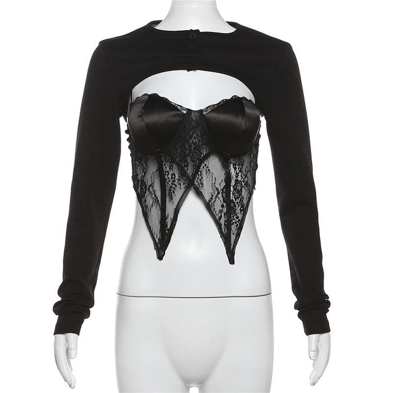 Long sleeve button lace stitch shrug 2 piece top