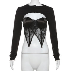 Long sleeve button lace stitch shrug 2 piece top