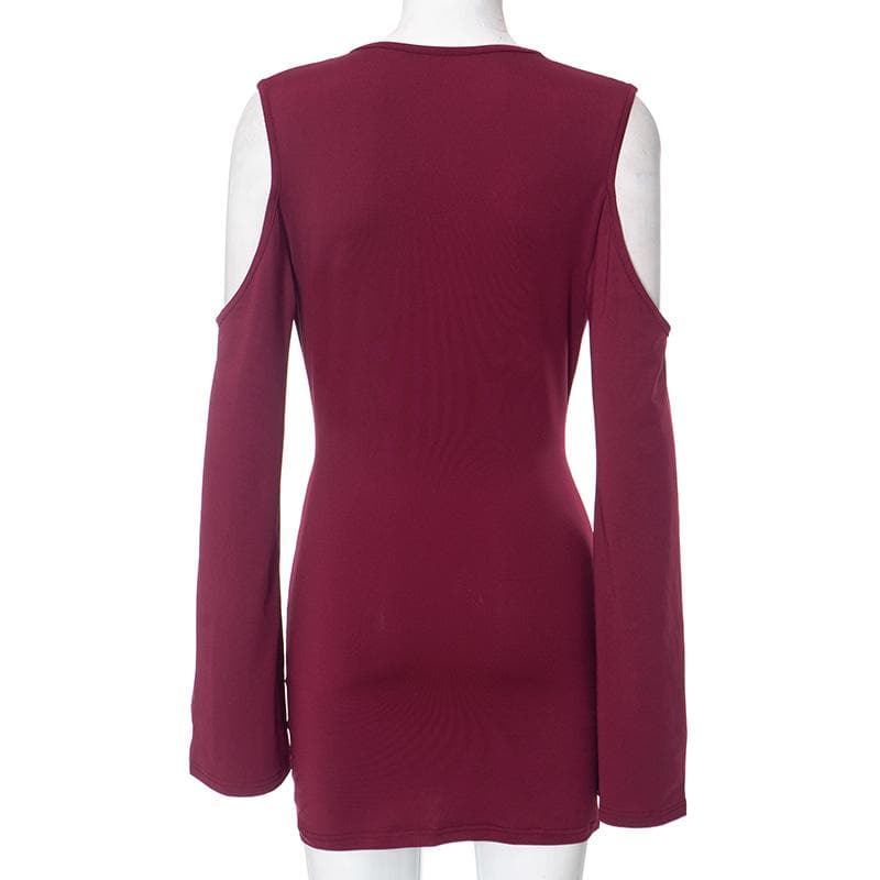 Long flared sleeve off shoulder cowl neck ruched solid mini dress