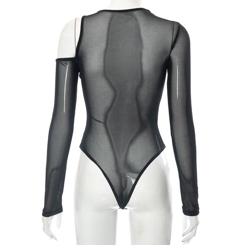 Long sleeve off shoulder irregular sheer mesh bodysuit