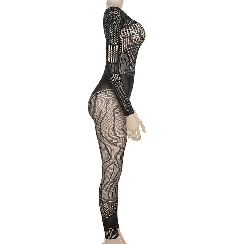 Long sleeve hollow out solid fishnet see through jumpsuit - Final Sale