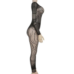 Long sleeve hollow out solid fishnet see through jumpsuit - Final Sale