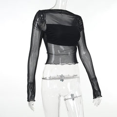 Long sleeve ruffle ruched mesh patchwork solid 2-way top