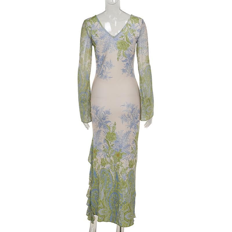 Long flared sleeve ruffle irregular slit print midi dress