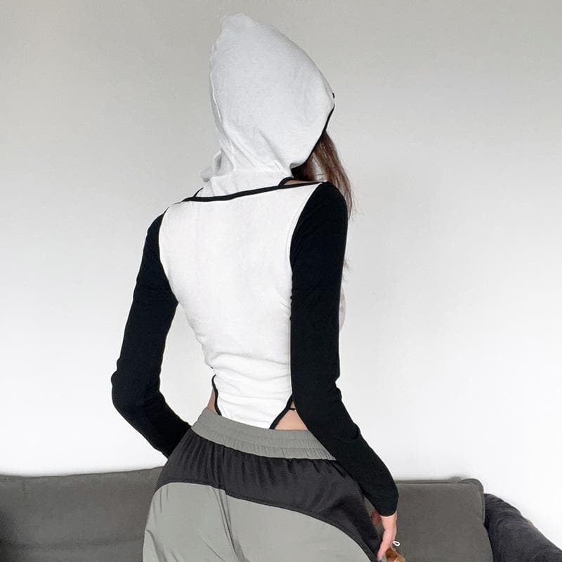 Long sleeve contrast hollow out abstract metal chain button hoodie bodysuit