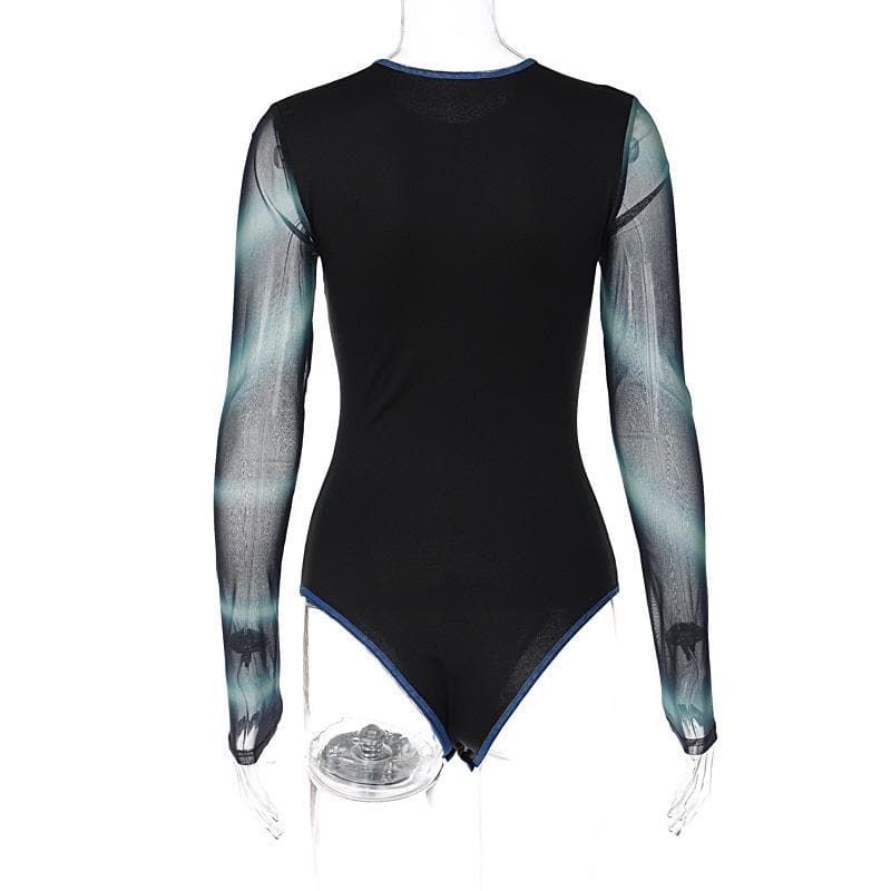 Long sleeve mesh contrast abstract button bodysuit