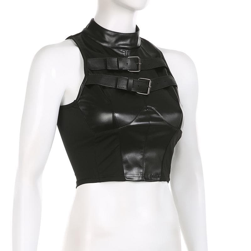 Buckle solid sleeveless patchwork button PU leather crop top