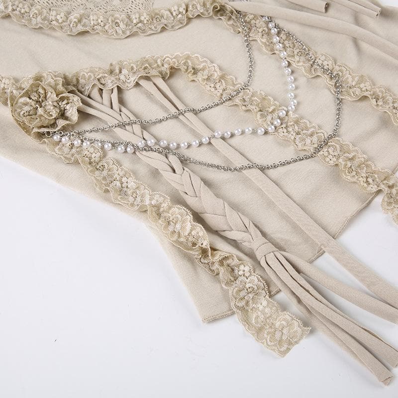 Metal chain sleeveless lace hem irregular solid top
