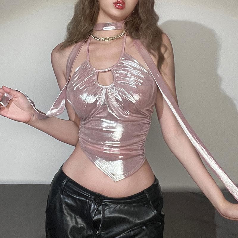 Metallic halter backless hollow out irregular ruched crop cut out top