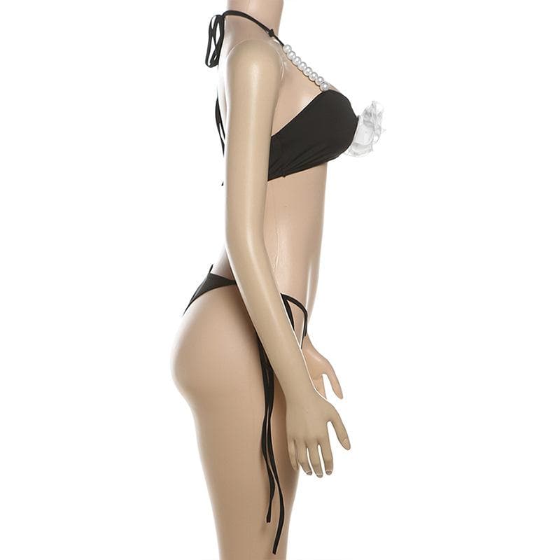 Halter flower applique faux pearl beaded pant set