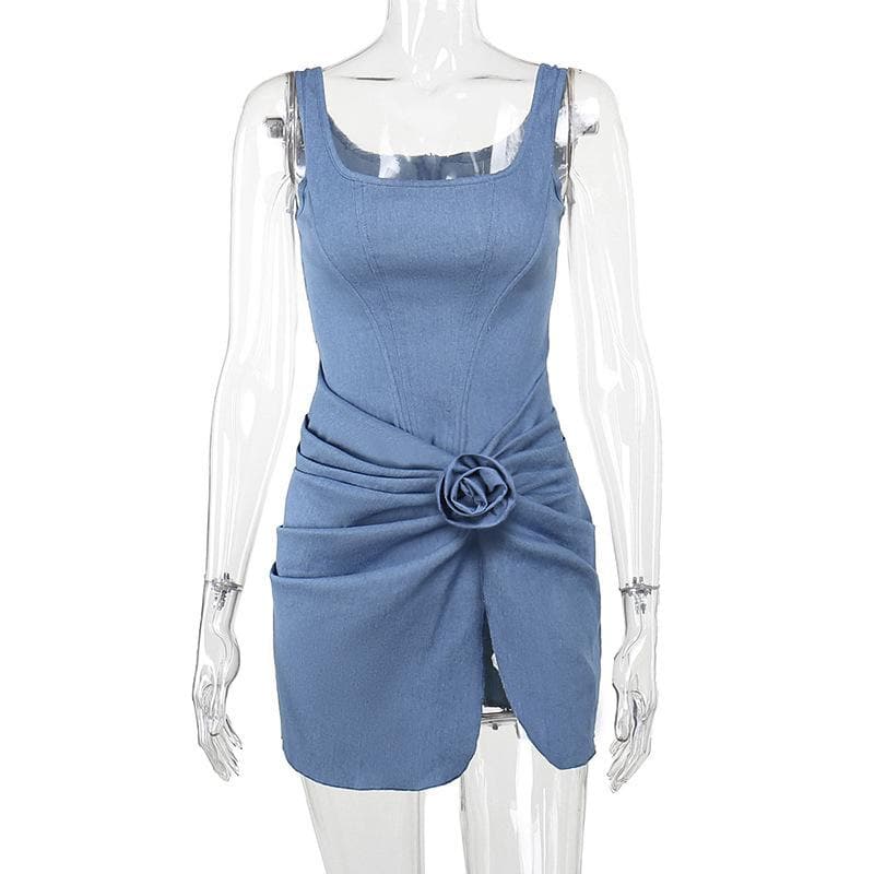 High slit bustier denim flower applique mini dress