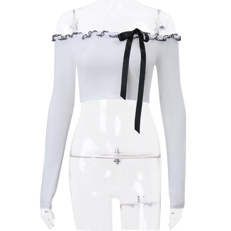 Long sleeve off shoulder bowknot ruffle self tie solid crop top