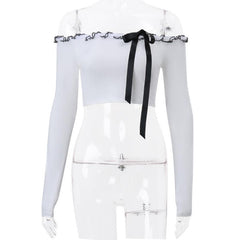 Long sleeve off shoulder bowknot ruffle self tie solid crop top