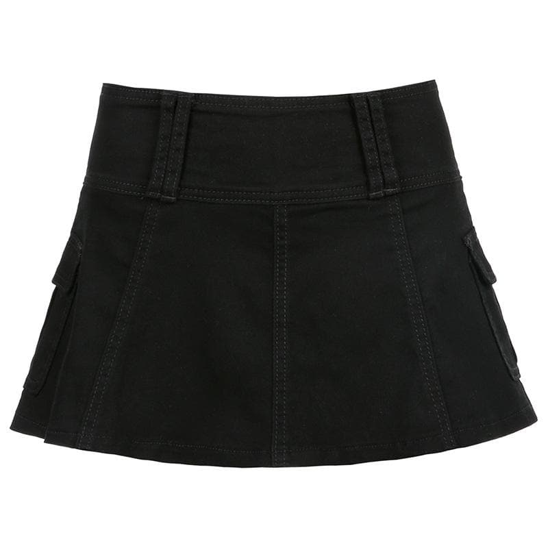 A line zip-up cargo pocket solid medium rise denim midi skirt