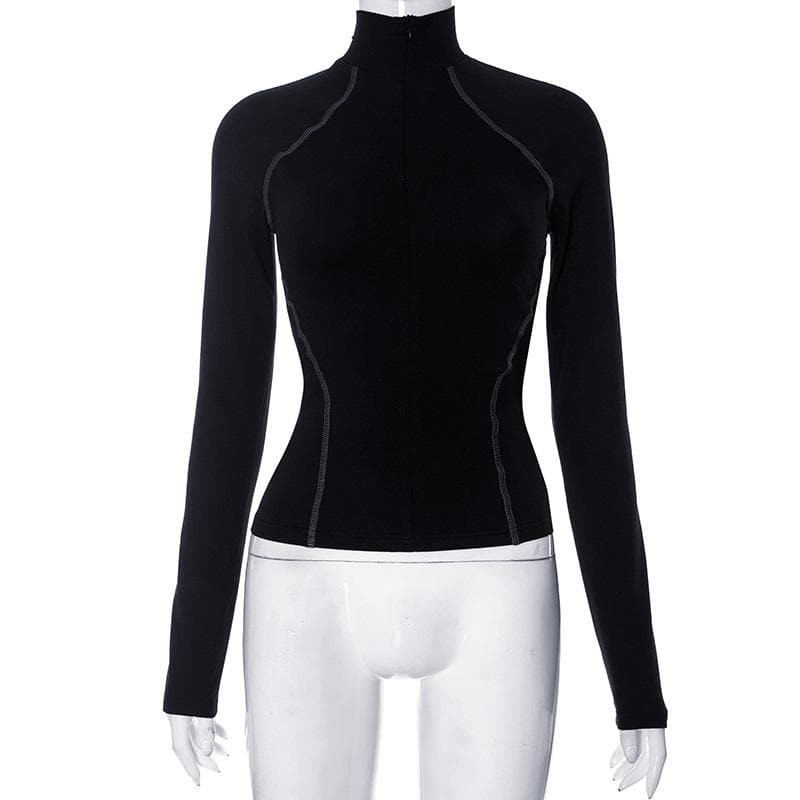 Long sleeve high neck stitch zip-up contrast top
