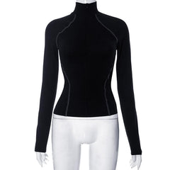 Long sleeve high neck stitch zip-up contrast top