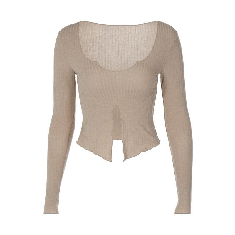 Long sleeve notch neck ruffle solid slit crop top