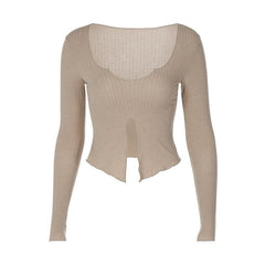 Long sleeve notch neck ruffle solid slit crop top
