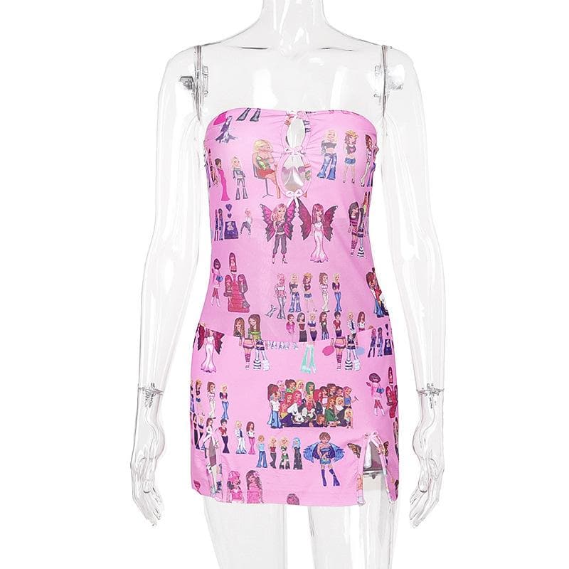 Hollow out bowknot print slit tube cut out mini dress