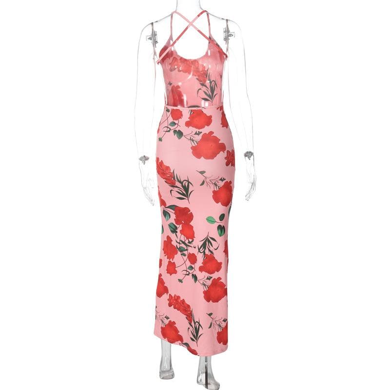 Flower print u neck cross back backless cami midi dress