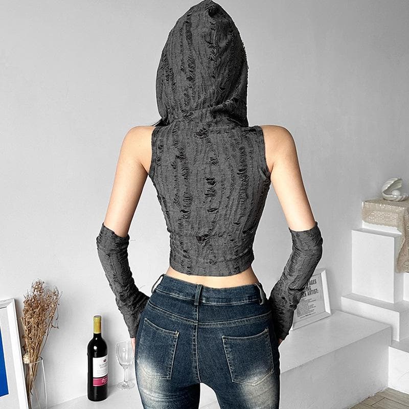 Gloves textured sleeveless solid hoodie o ring crop top