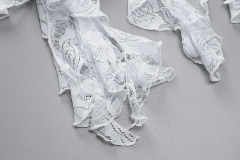 Long flared sleeve ruffle lace see through mini dress