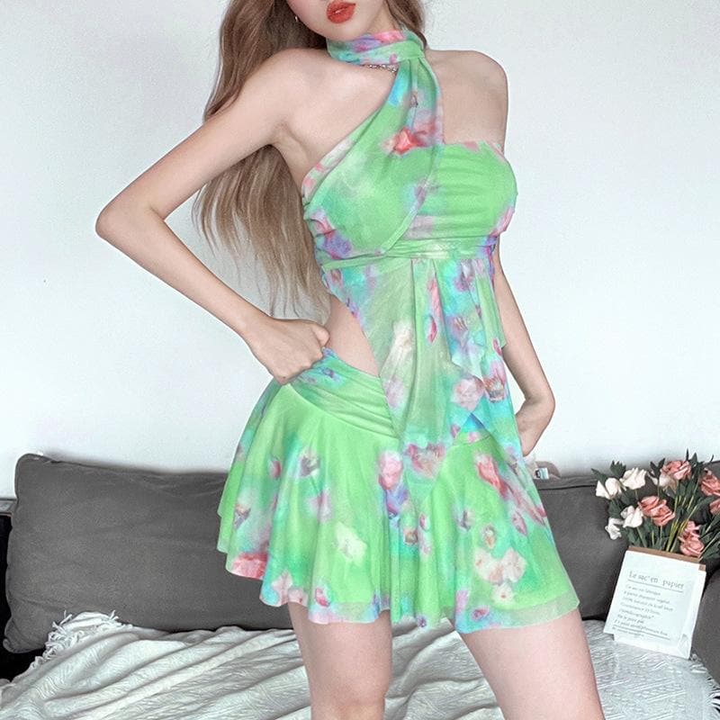 Halter ruched print ruffle mesh mini skirt set