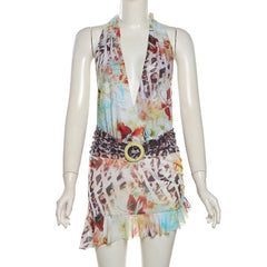 Irregular halter deep V neck print sheer mesh mini dress