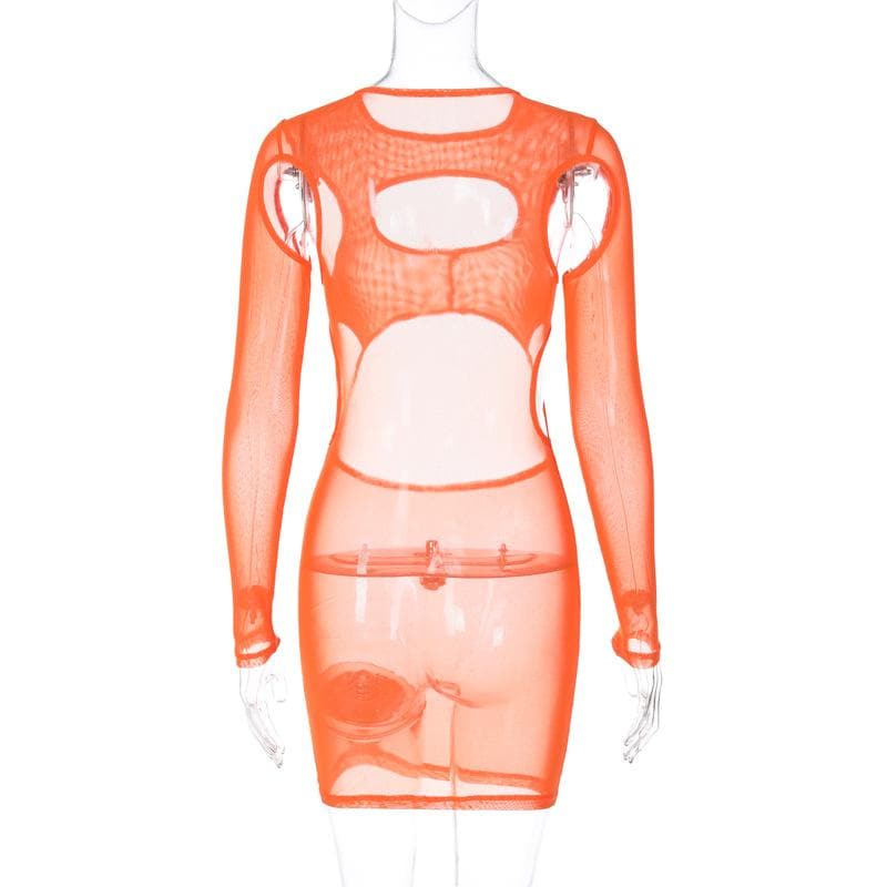 Long sleeve hollow out sheer mesh see through cut out mini dress