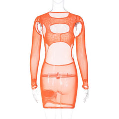 Long sleeve hollow out sheer mesh see through cut out mini dress